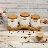 White Ceramic Trime Tea Coffee Sugar 3 Canisters Set with Wooden Wavey Stand Tray