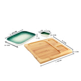 Green-White Rectangle Sushi Plate on Wooden Tray Set (1 Plate - 2 Bowls)