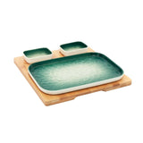 Green-White Rectangle Sushi Plate on Wooden Tray Set (1 Plate - 2 Bowls)