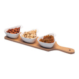 3 Pear Shaped Ceramic Bowls Serving Platter with Wooden Tray Set