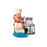 Foodie Chef Figurine Resin Salt & Pepper Shakers Holder Set (Blue Pants - Side Hold)